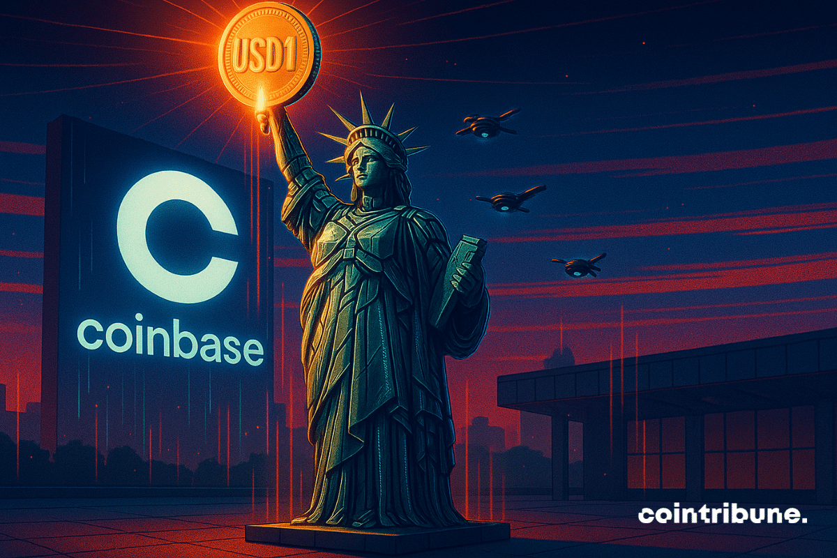 Futuristic Statue of Liberty holding USD1 coin, drones flying, Coinbase logo in background.