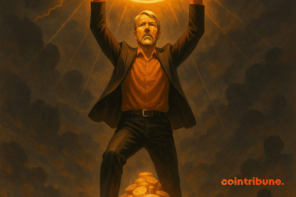 Un hombre triunfante levanta un símbolo luminoso de Bitcoin, de pie sobre una montaña de monedas doradas.