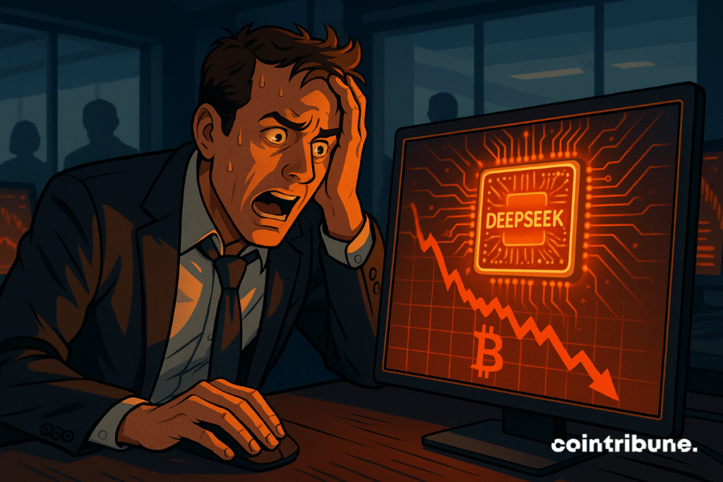 A panicked trader in front of his screen watches as the DeepSeek AI chip causes the crypto market to plummet.