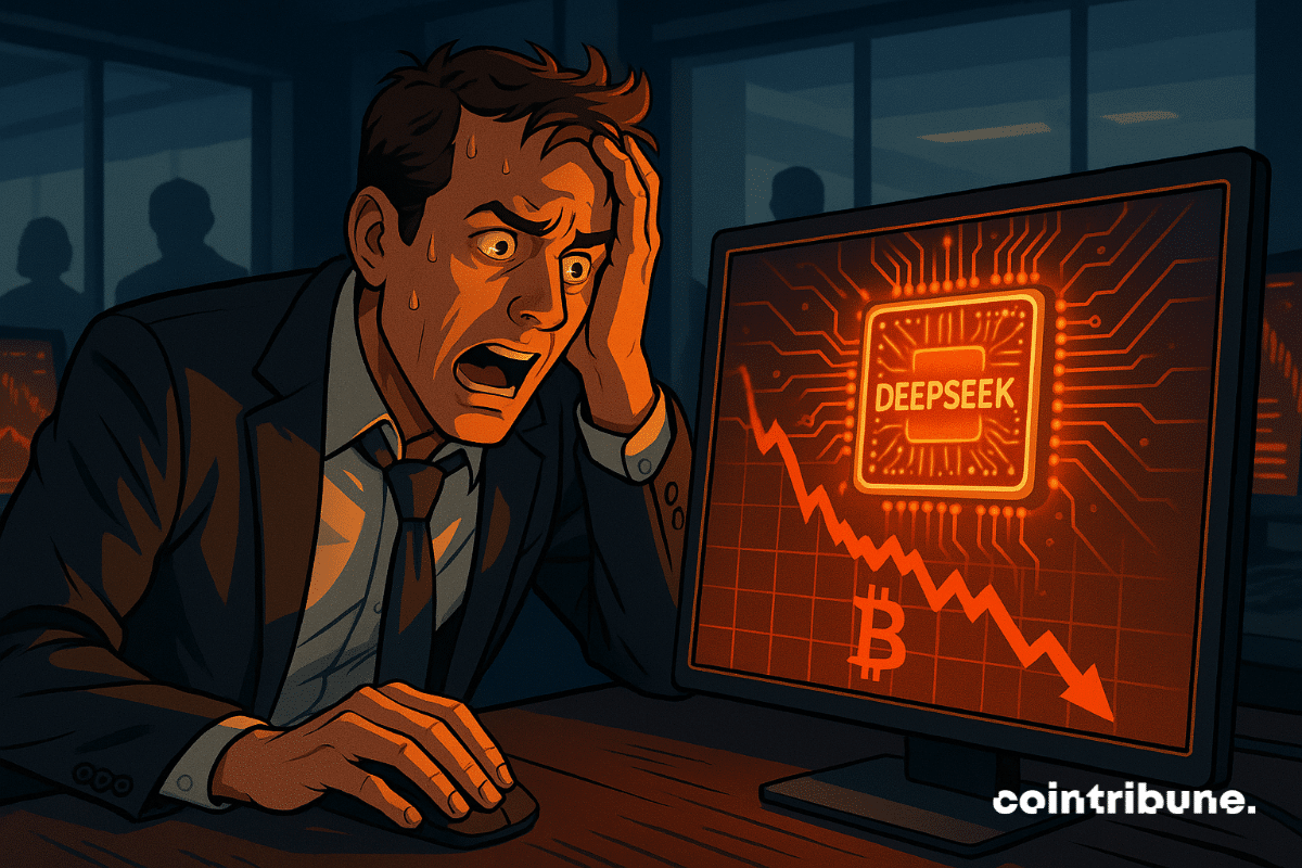 Un comerciante en pánico frente a su pantalla observa cómo el chip de inteligencia artificial DeepSeek provoca una fuerte caída en el mercado de criptomonedas.