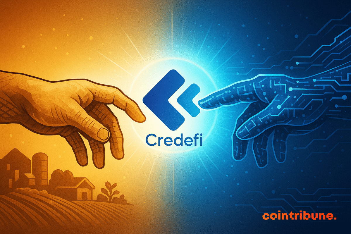 Ilustración de una mano humana y una mano digital conectándose alrededor del logo de Credefi, simbolizando la unión entre finanzas tradicionales y DeFi mediante RWA.