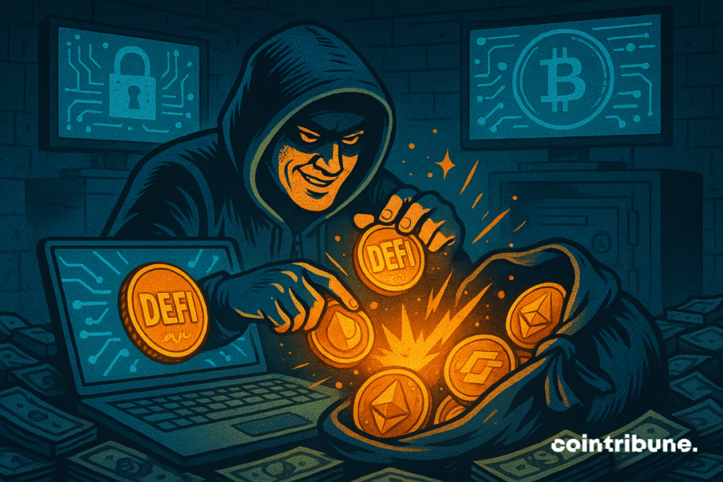 Illustration of a hacker in a hoodie stealing decentralized finance (DeFi) cryptocurrencies from a laptop into a bag, symbolizing a major crypto hack.