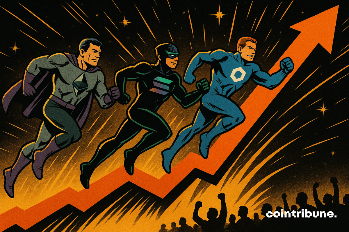 Une courbe ascendante géante en arrière-plan, sur laquelle courent trois super-héros représentant les cryptos Ethereum, Solana et Chainlink.