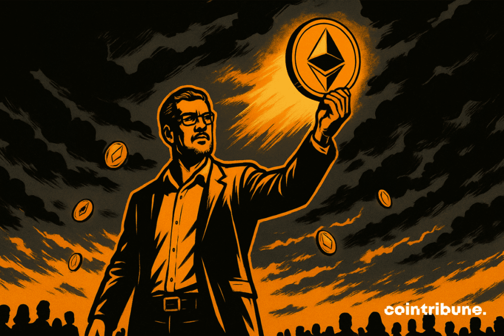 Arthur Hayes, um investidor de criptomoedas renomado, com o braço direito erguido para o céu, segura um grande token dourado brilhante de Ethereum (ETH).