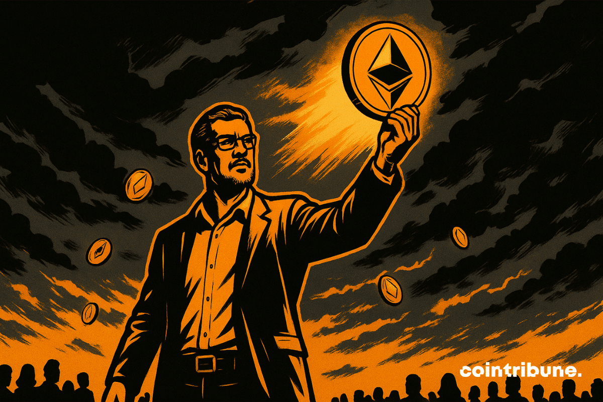 Arthur Hayes, un investisseur crypto réputé, bras droit tendu vers le ciel, tient un grand jeton Ethereum (ETH) doré brillant.