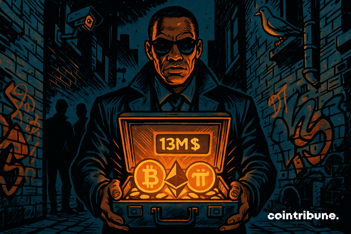 Arthur Hayes de face, qui tend une mallette entrouverte. La mallette irradie une lumière orange intense, mettant en valeur des symboles de crypto stylisés (Bitcoin, Ethereum, Pi…).