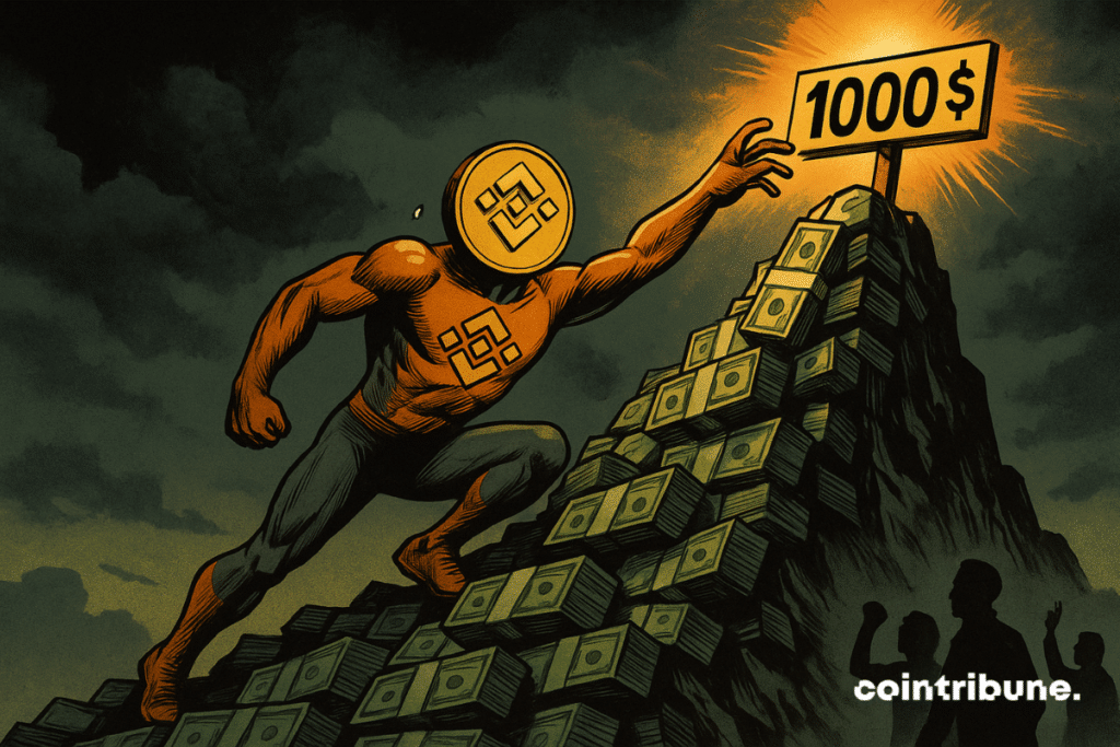 La crypto BNB est personnifiée sous forme d’un personnage humanoïde doré, au logo BNB stylisé sur le torse, vêtu d’une tenue de grimpeur high-tech mêlant orange et noir. Il grimpe à mains nues, suspendu à un rocher-billet, le visage tendu par l’effort, une goutte de sueur sur la tempe. Son regard est focalisé sur un panneau marqué « 1000 $ » planté tout en haut, sur un sommet baigné de lumière.