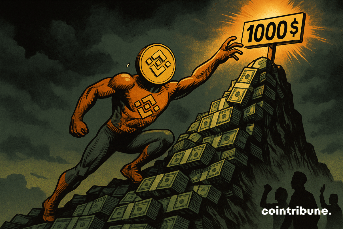 La crypto BNB est personnifiée sous forme d’un personnage humanoïde doré, au logo BNB stylisé sur le torse, vêtu d’une tenue de grimpeur high-tech mêlant orange et noir. Il grimpe à mains nues, suspendu à un rocher-billet, le visage tendu par l’effort, une goutte de sueur sur la tempe. Son regard est focalisé sur un panneau marqué « 1000 $ » planté tout en haut, sur un sommet baigné de lumière.