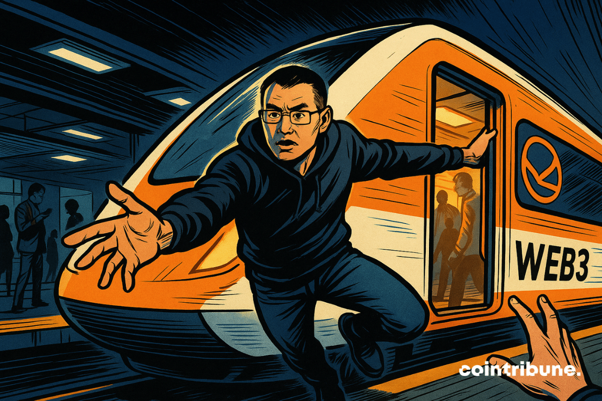 L'ancien patron de l'exchange crypto Binance, CZ, sur le marchepied d’un train « Web3 » en départ.