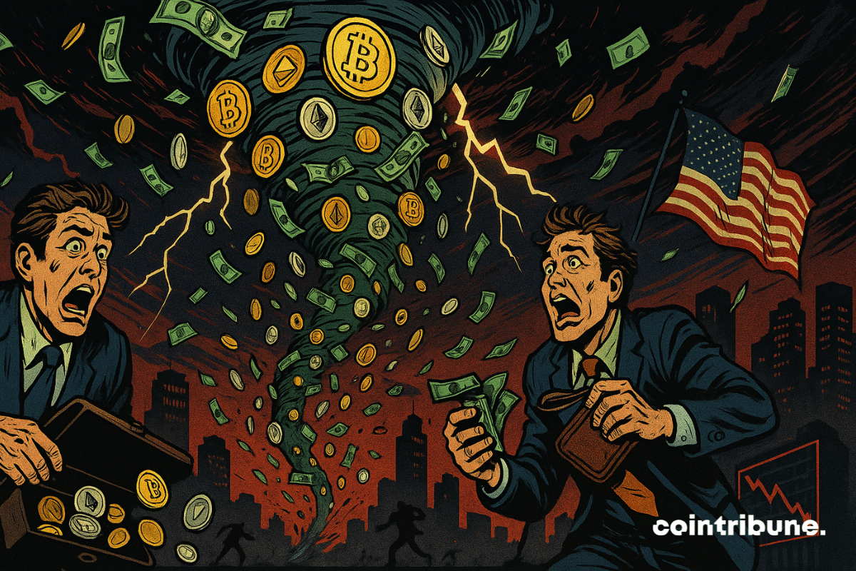 Une tornade de billets US et de pièces crypto (BTC, ETH) aspirée vers un ciel rouge vif. Des traders et investisseurs crypto tentent de retenir leurs portefeuilles ou sacs de pièces, ce qui symbolise la panique relative à la publication des données de l’inflation US.