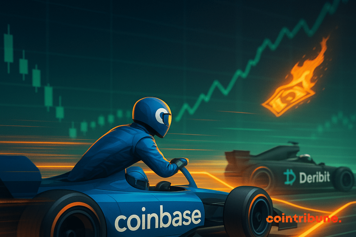 Course futuriste crypto entre Coinbase et Deribit, symbolisant la domination du marché des dérivés dans l’univers numérique.