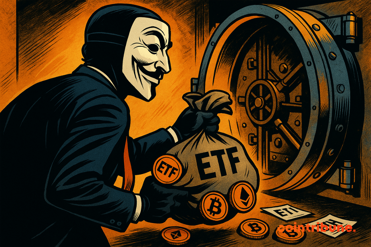 Uma figura mascarada de terno rouba um saco rotulado como "ETF" de um cofre laranja brilhante, com moedas de Bitcoin e Ethereum espalhadas.