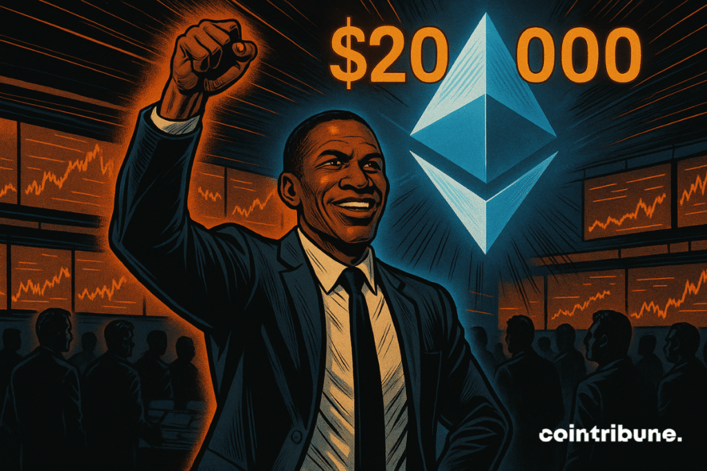 Arthur Hayes est debout dans une salle de marché futuriste, charismatique et confiant. Il porte un costume sombre moderne, légèrement ouvert pour accentuer son assurance. Derrière lui, un gigantesque hologramme lumineux représentant le logo de la crypto Ethereum en bleu argenté éclatant. Juste au-dessus du logo, les chiffres « 20 000 $ » brillent en orange vif.