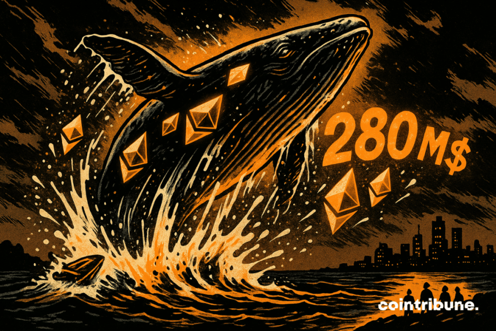 Une baleine colossale jaillissant hors de l’eau, son corps parcouru de reflets lumineux en forme de logos Ethereum. Dans les éclaboussures d’eau, des cristaux stylisés d’Ethereum et un gigantesque « 280 M$ » apparaissent en chiffres, presque gravés dans l’eau.