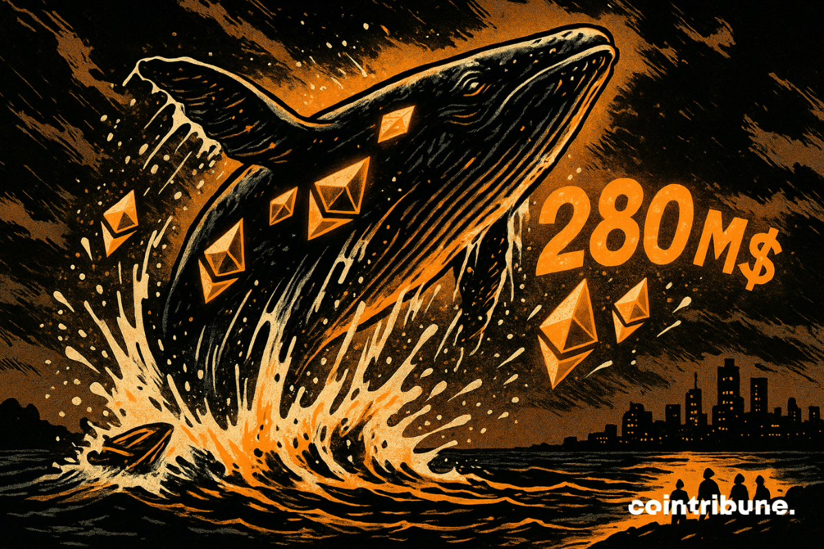 Une baleine colossale jaillissant hors de l’eau, son corps parcouru de reflets lumineux en forme de logos Ethereum. Dans les éclaboussures d’eau, des cristaux stylisés d’Ethereum et un gigantesque « 280 M$ » apparaissent en chiffres, presque gravés dans l’eau.
