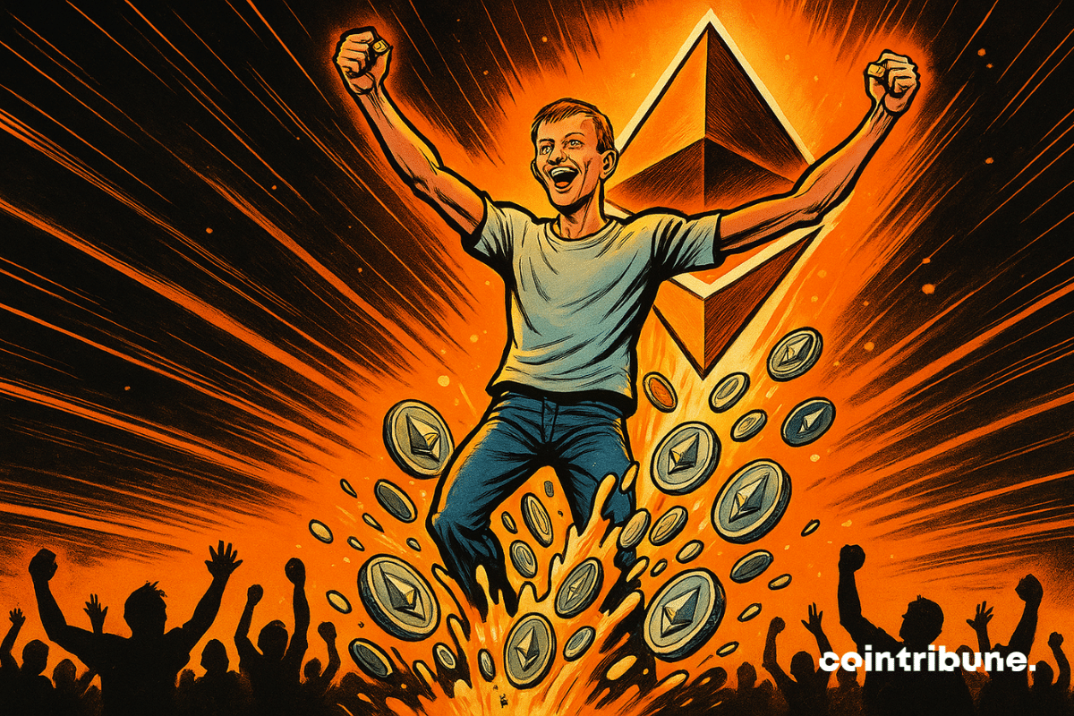 Vitalik Buterin stands atop a massive geyser of stylized Ethereum cryptocurrencies, shooting up into the sky in a spectacular upward surge.