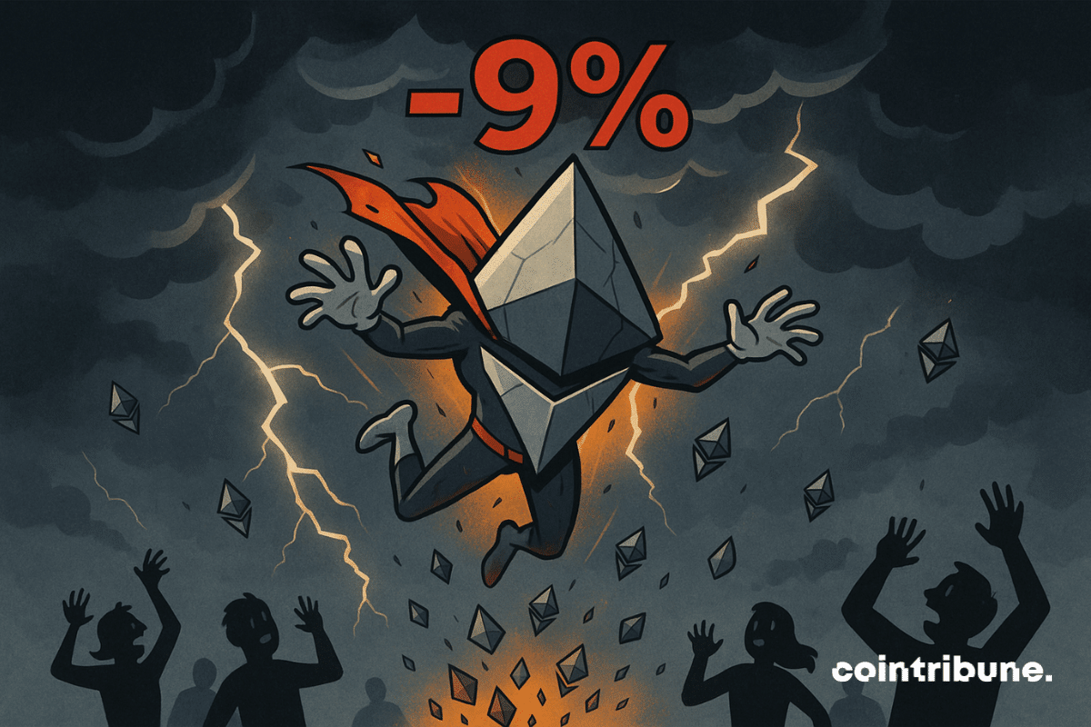 Un personaje que simboliza la criptomoneda Ethereum cae en picada con “-9%” escrito en grande sobre una nube.