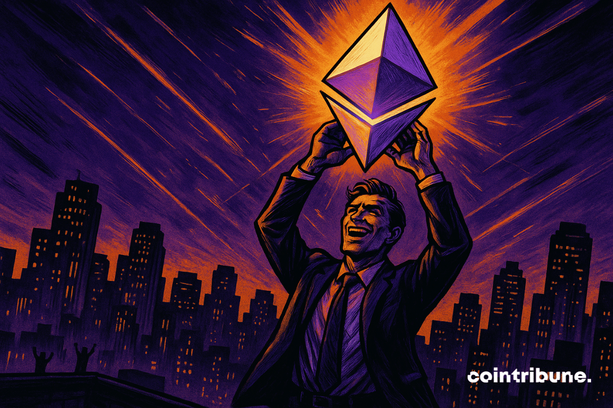 Um trader de criptomoedas, em pé no topo de um arranha-céu, ergue acima da cabeça um enorme logotipo luminoso do Ethereum, como um troféu.