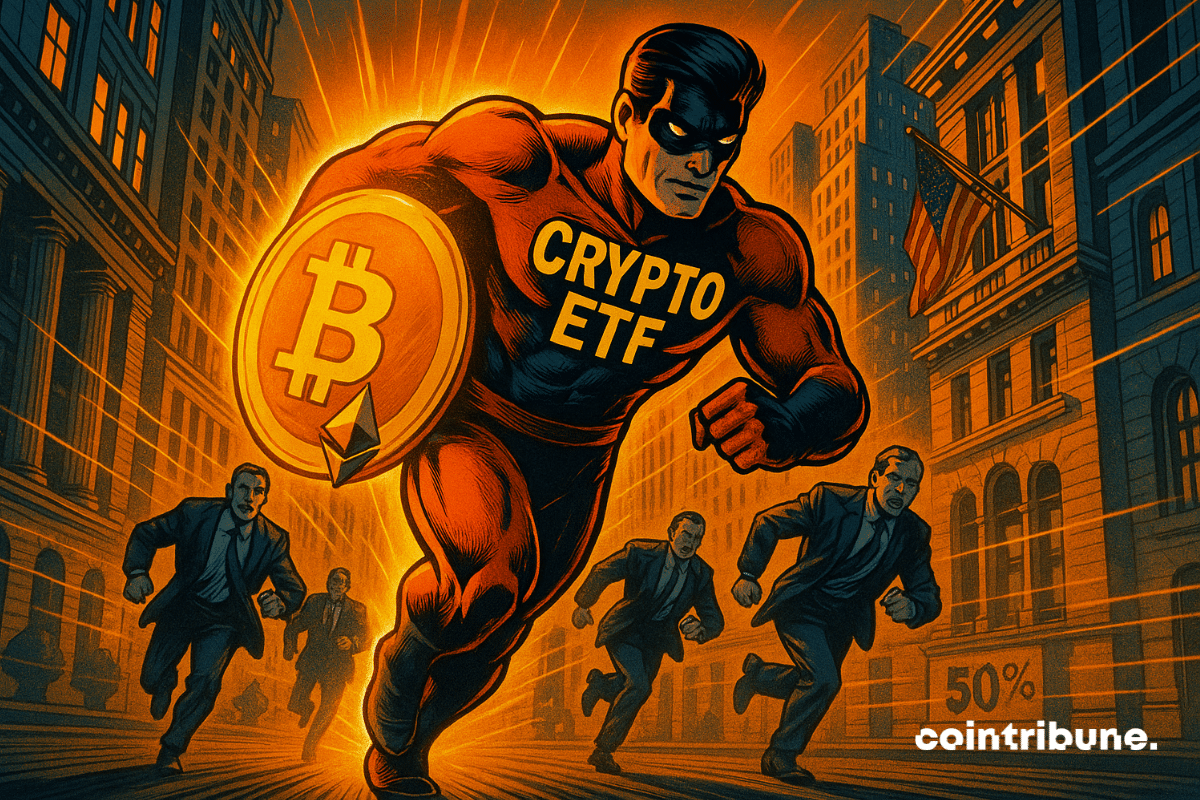 El ETF de criptomonedas de superhéroes avanza a toda velocidad por Wall Street con un escudo criptográfico brillante.