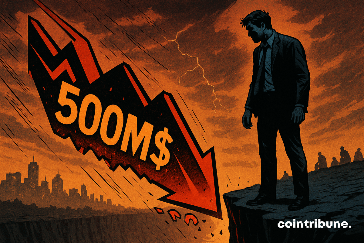 Un trader crypto au bord du précipice, ce qui symbolise les liquidations massives.