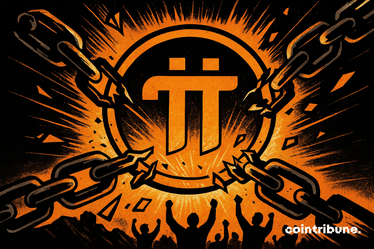 Un immense logo Pi doré est prisonnier de chaînes massives en métal noir, qui explosent littéralement, des morceaux projetés dans toutes les directions. En arrière-plan flouté, de petites silhouettes humaines (symbolisant les utilisateurs de la crypto) lèvent les bras, dans une pose d’espoir ou de victoire.