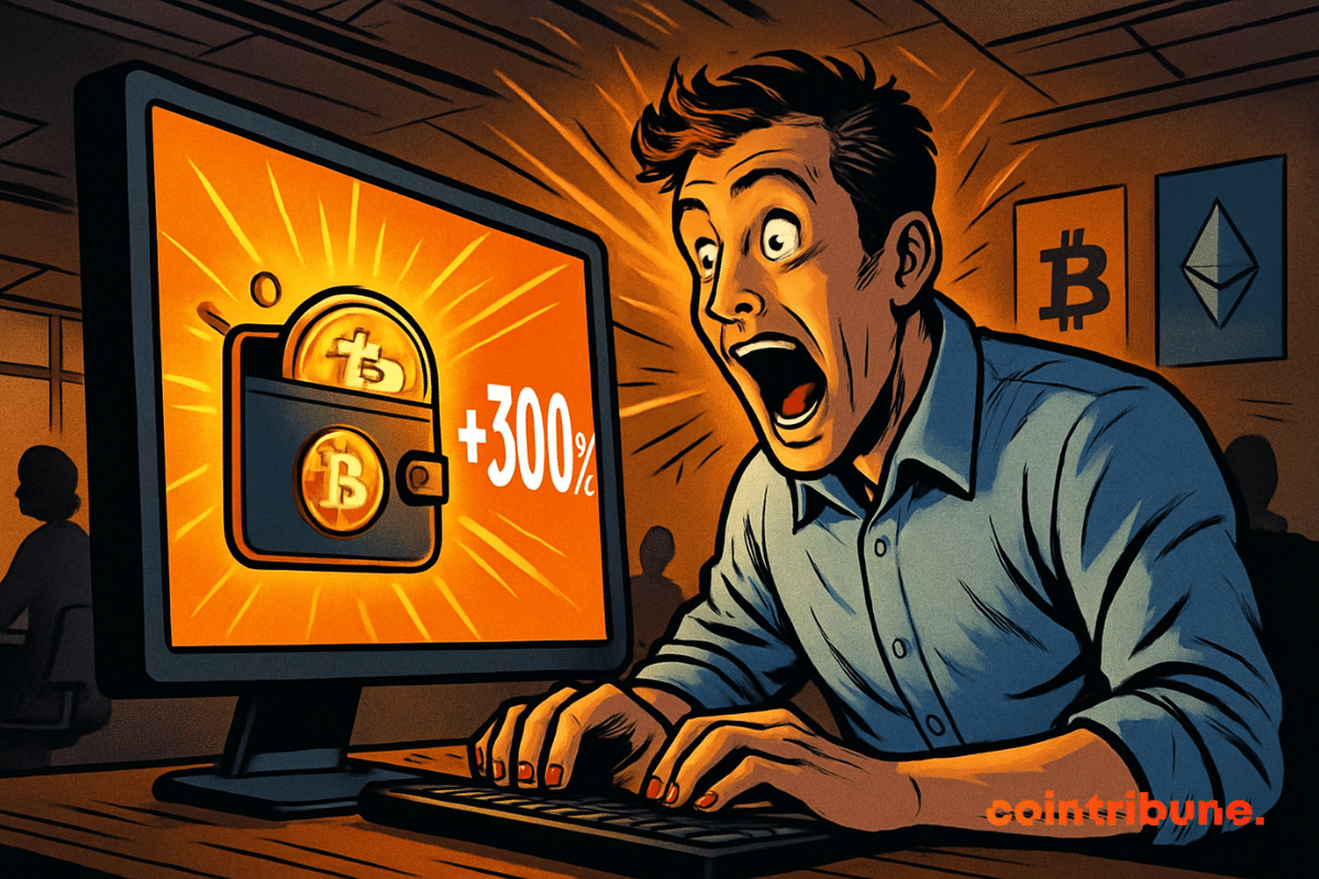 Shocked man in front of a screen displaying +300% in crypto.