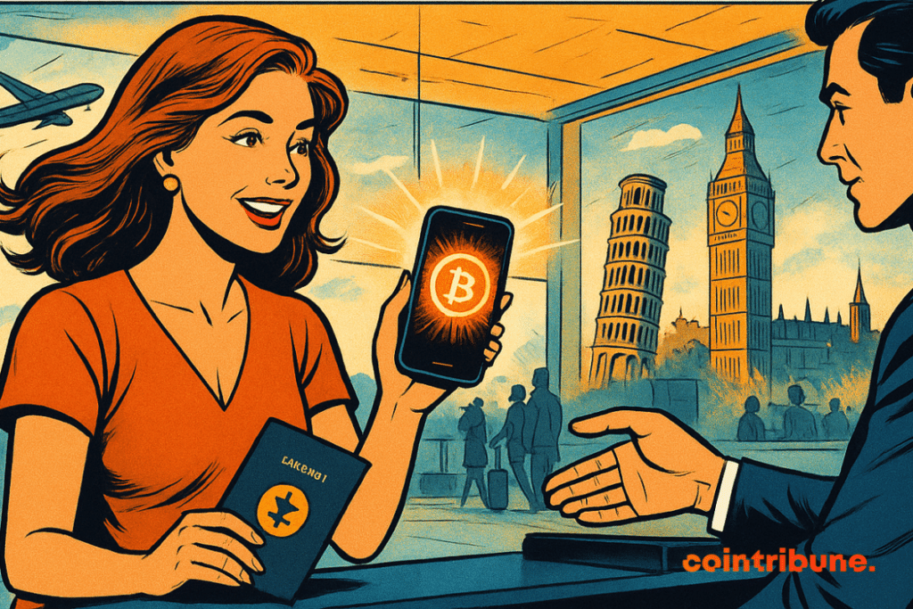 Une voyageuse paie ses vacances européennes en cryptomonnaie à un comptoir d’aéroport, smartphone en main, monuments emblématiques visibles derrière.