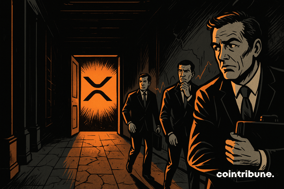A door at the end of the corridor stands ajar, revealing an intense orange glow. In this light, the XRP logo floats, like a shining, unattainable promise. Three crypto investors in suits advance toward the door.
