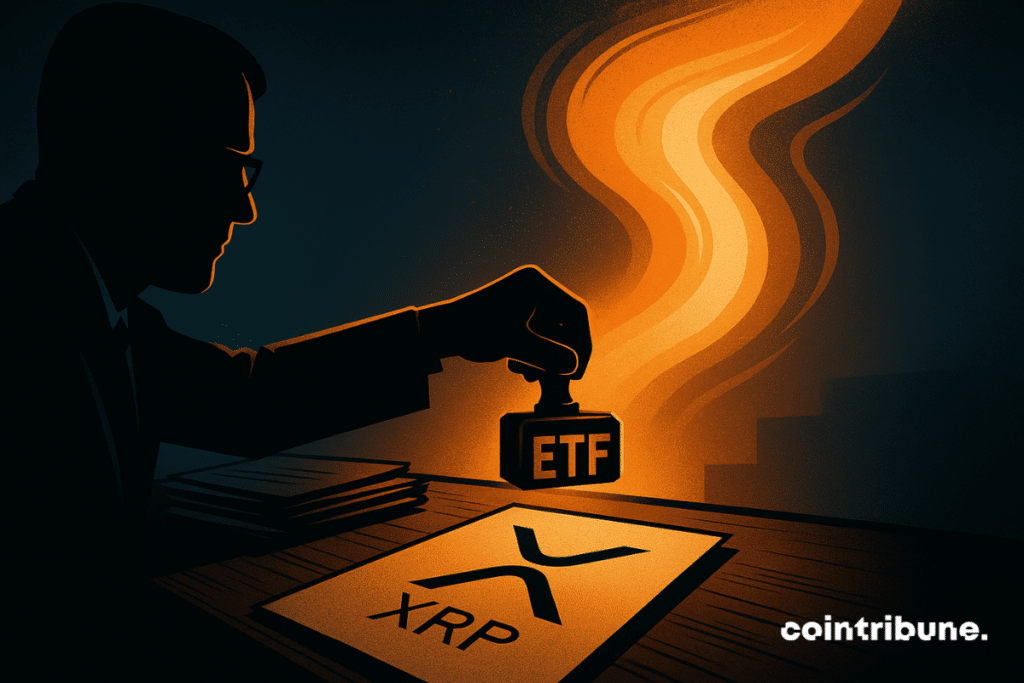 Un régulateur tendant un bras hésitant vers un bouton ou un tampon. La crypto XRP est dans la lumière de l’ETF.