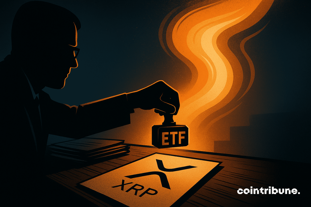 Un régulateur tendant un bras hésitant vers un bouton ou un tampon. La crypto XRP est dans la lumière de l’ETF.