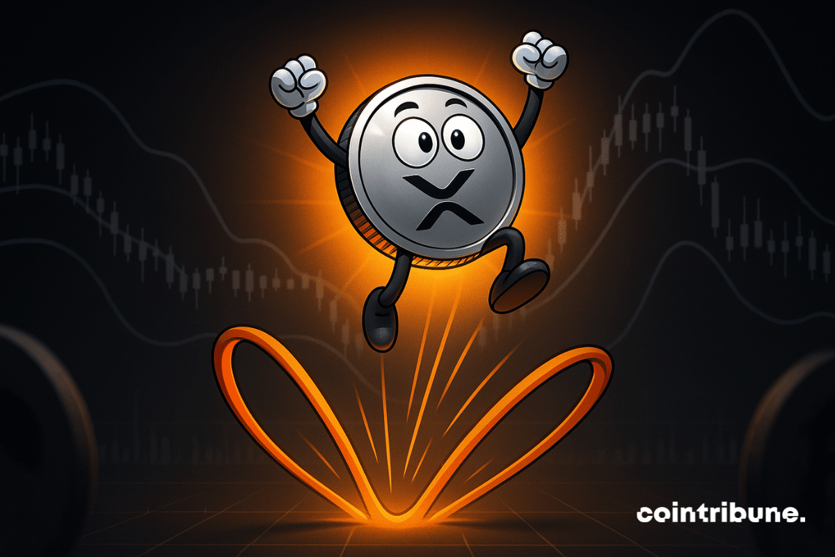 Una esfera metálica brillante y plateada lleva el logo negro de la criptomoneda XRP en el centro. Ojos expresivos, brazos levantados, piernas recogidas en posición de salto, como en una cama elástica.