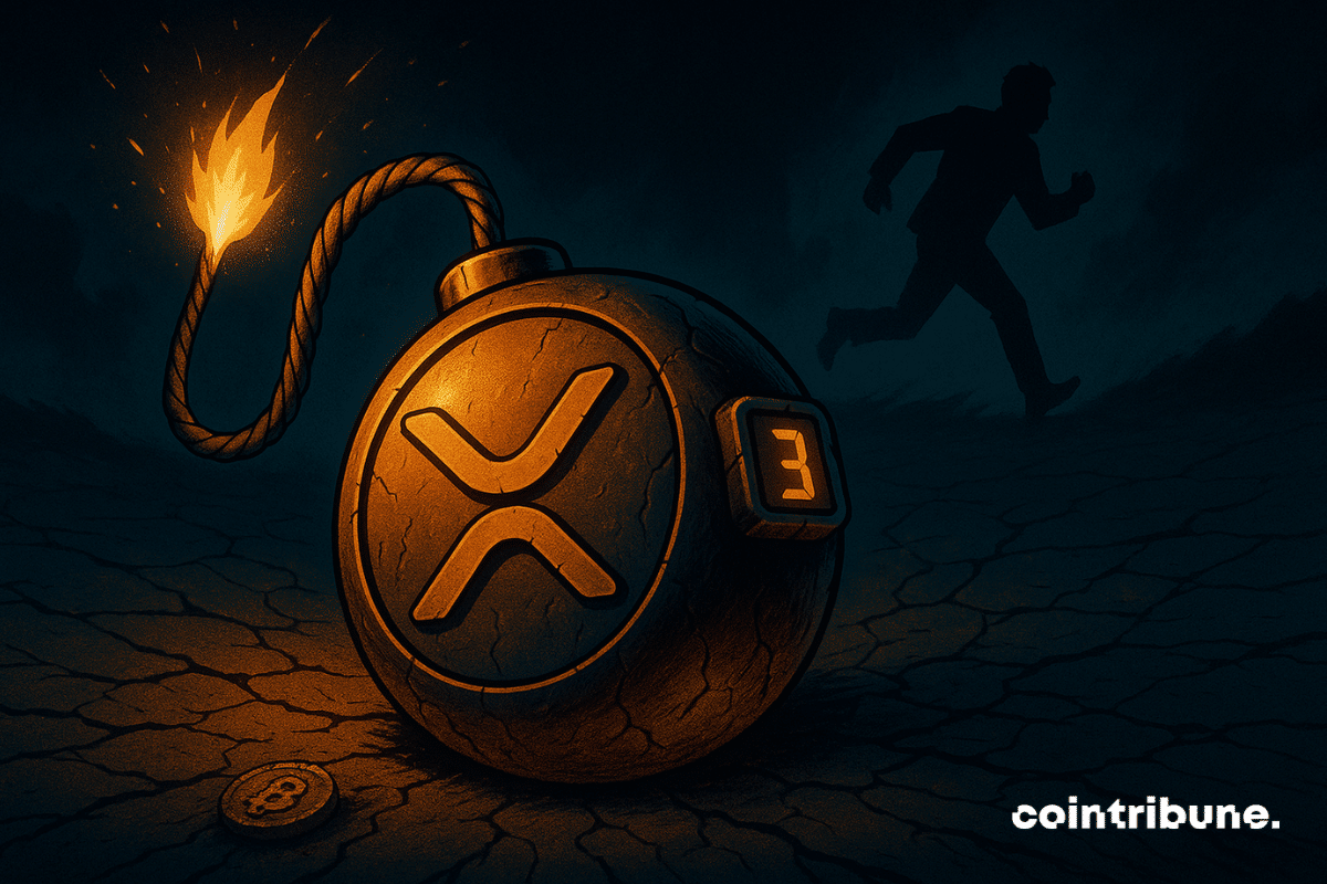 Une bombe stylisée en forme de crypto XRP, est au sol, massive, circulaire. Une mèche allumée s’enroule autour d’elle, presque totalement consumée.