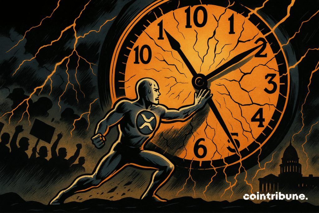 Le XRP personnifiée est placé au premier plan. La crypto tente désespérément de retenir les aiguilles de l’horloge avec ses bras, son visage crispé par l’effort, ses muscles tendus, une goutte de sueur coulant sur son front.