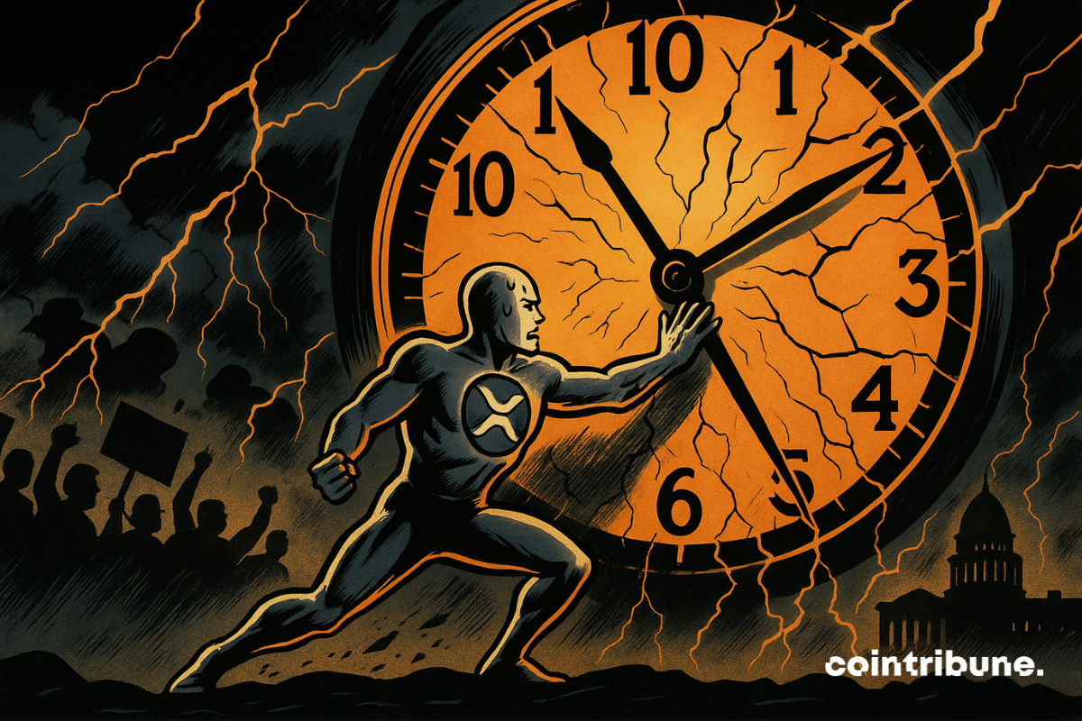 Le XRP personnifiée est placé au premier plan. La crypto tente désespérément de retenir les aiguilles de l’horloge avec ses bras, son visage crispé par l’effort, ses muscles tendus, une goutte de sueur coulant sur son front.