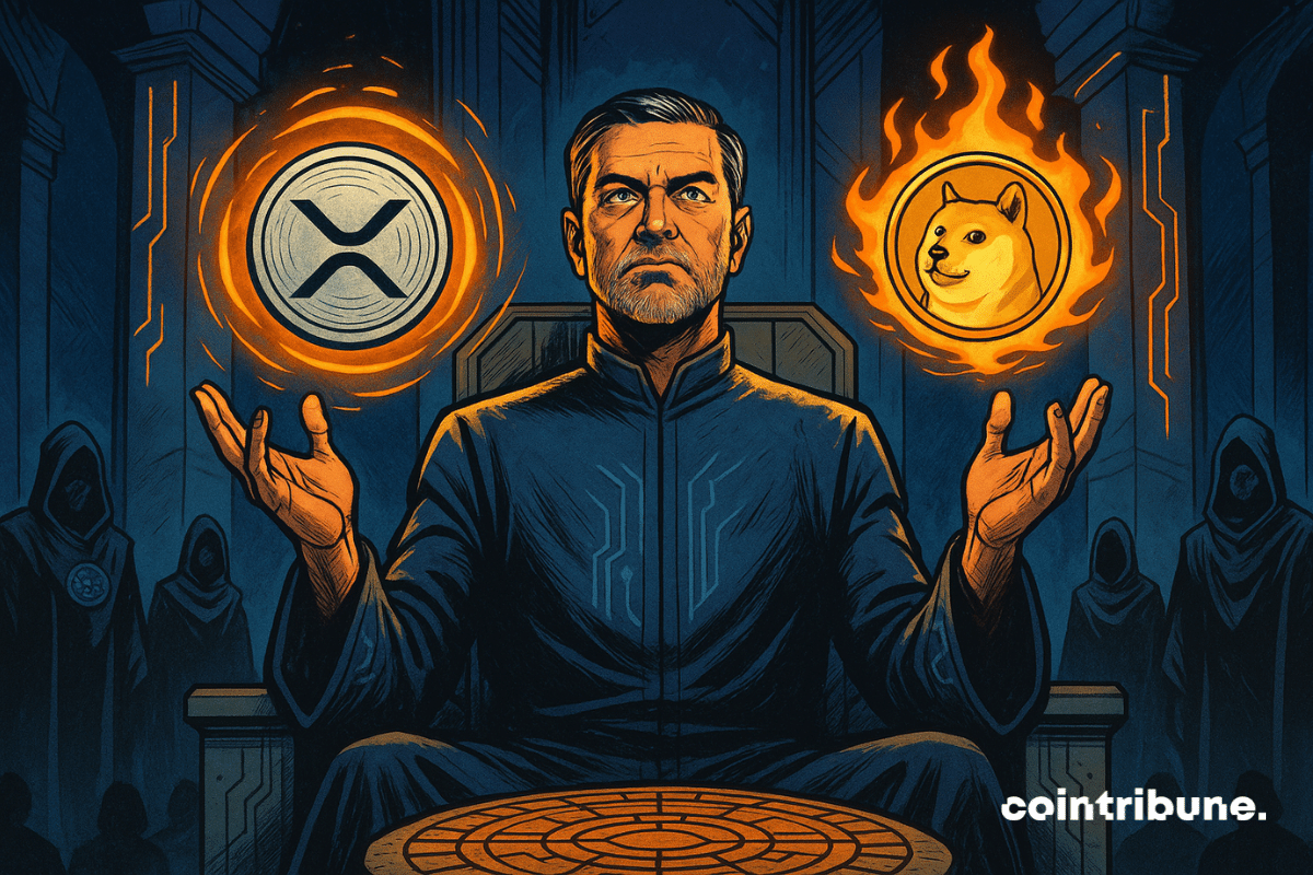 Raoul Pal, représenté comme une figure visionnaire et mystique de la crypto. Assis sur un trône high-tech, buste droit, bras écartés légèrement vers le haut, il a un regard intense et pénétrant dirigé vers l’avant. Les logos du XRP et du Dogecoin l’entourent.