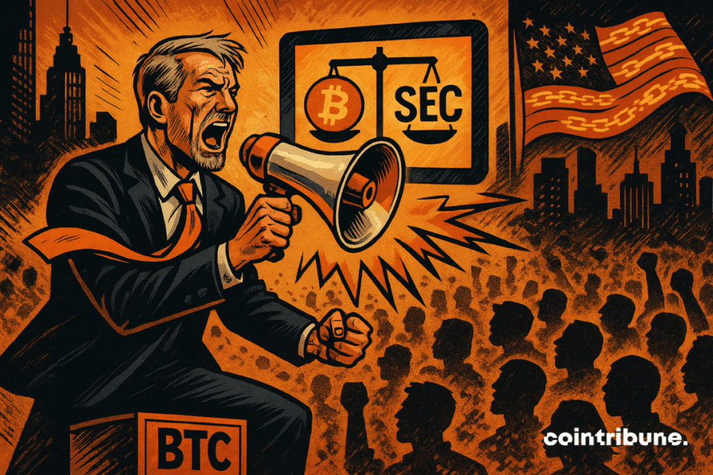 Un hombre de pelo gris con traje está parado sobre una caja de BTC, gritando por un megáfono ante una multitud digital, con una balanza que muestra Bitcoin y la SEC en una pantalla brillante detrás de él.