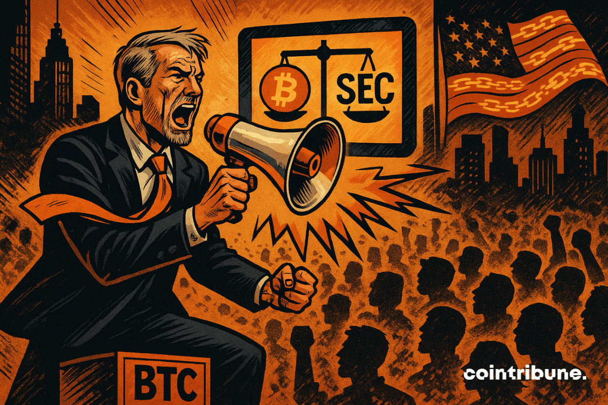 Un homme aux cheveux gris en costume se tient sur une caisse de BTC, criant dans un mégaphone devant une foule numérique, avec une balance montrant Bitcoin et la SEC sur un écran lumineux derrière lui.