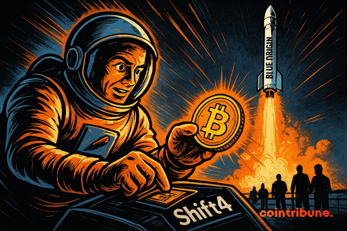 A 1970s-style comic illustration of an astronaut inserting a glowing crypto Bitcoin into a Shift4 console as a Blue Origin rocket launches in the background.