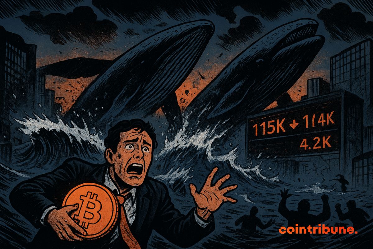 Un trader paniqué serre un Bitcoin brillant alors que des baleines massives s'élèvent des eaux tumultueuses, inondant une ville en train de s'effondrer avec des chiffres boursiers indiquant Bitcoin à 114 000 et Ethereum à 4,2 000.