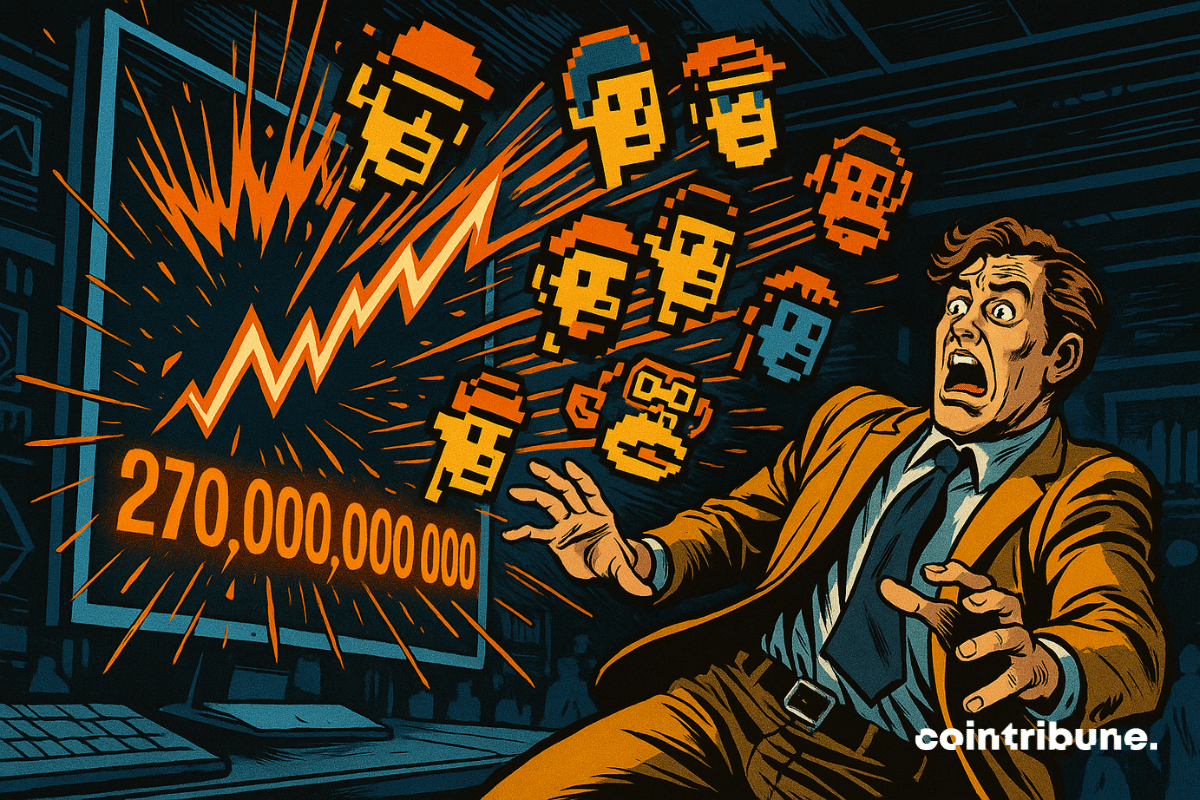 ChatGPT a dit : Un homme effrayé recule tandis que des avatars NFT pixelisés surgissent d’un écran affichant 270 000 000 000, style comics 70s.
