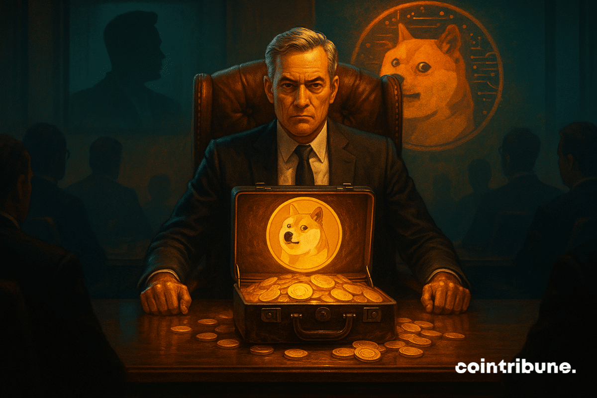 Un avocat à la tête de la table du conseil d'administration avec une mallette Dogecoin lumineuse.