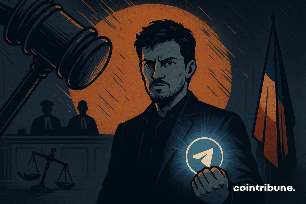 Pavel Durov sostiene el logo brillante de Telegram en la sala del tribunal mientras se acerca el mazo, simbolizando el enfrentamiento con la justicia francesa.