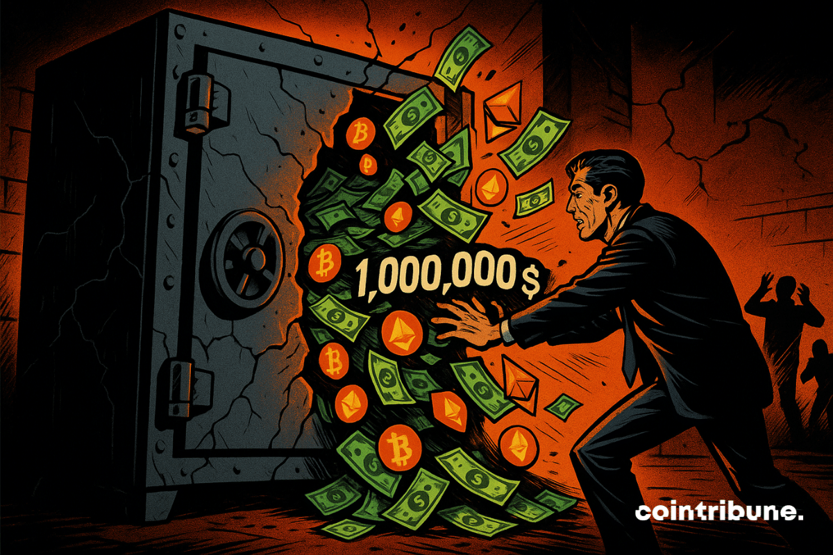 Un enorme cofre fuerte agrietado está colocado en ángulo, dando una impresión de desequilibrio. La puerta está entreabierta, dejando escapar un flujo de dinero y símbolos cripto. Un trader con traje oscuro se encuentra frente al cofre e intenta sostenerlo con sus manos. Desde el interior del cofre caen en cascada billetes verdes, monedas de Bitcoin y logotipos de Ethereum.
