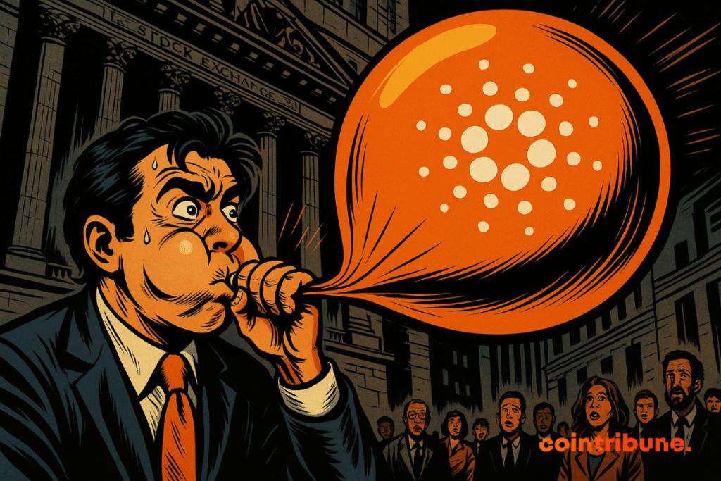 Un homme en costume gonfle un énorme ballon orange Cardano devant la Bourse, foule stupéfaite, style comics années 70.
