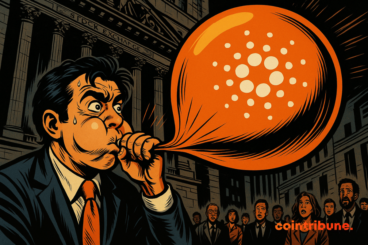 A man in a suit inflates a huge orange Cardano balloon in front of the Stock Exchange, a stunned crowd, 70s comic book style.