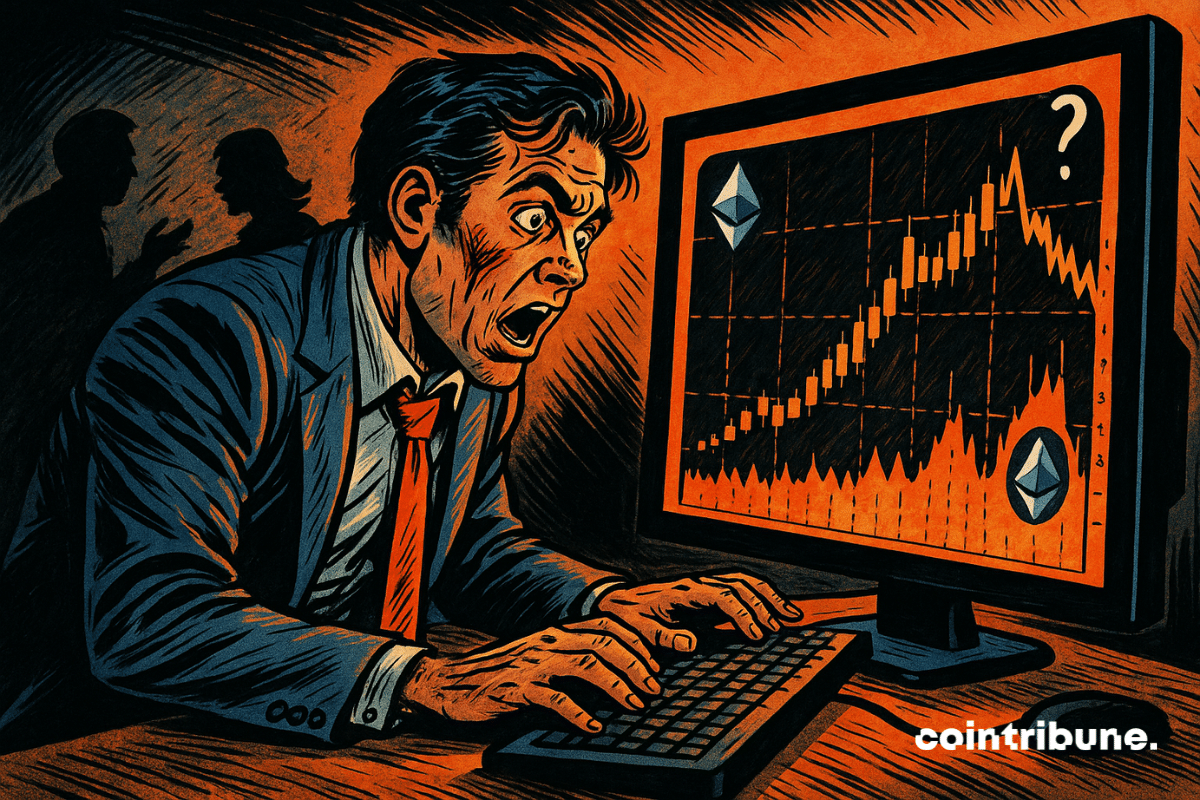 Trader inquiet, écran Ethereum clignotant, montée folle stoppée, lumière orange dramatique, collègues flous, tension, panique, style comics années 70.