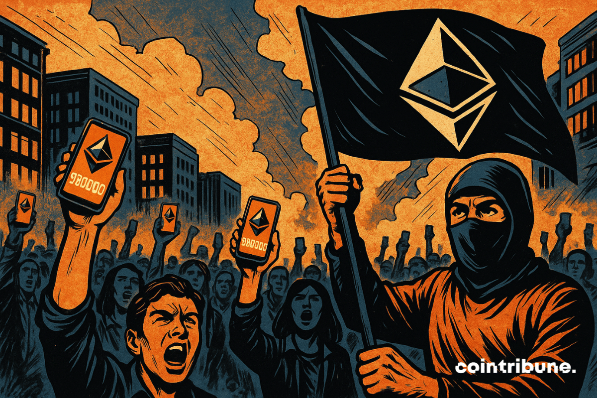 Foule en révolte brandissant des téléphones affichant "930000", figure masquée avec drapeau Ethereum, ambiance urbaine dramatique, teintes orange.