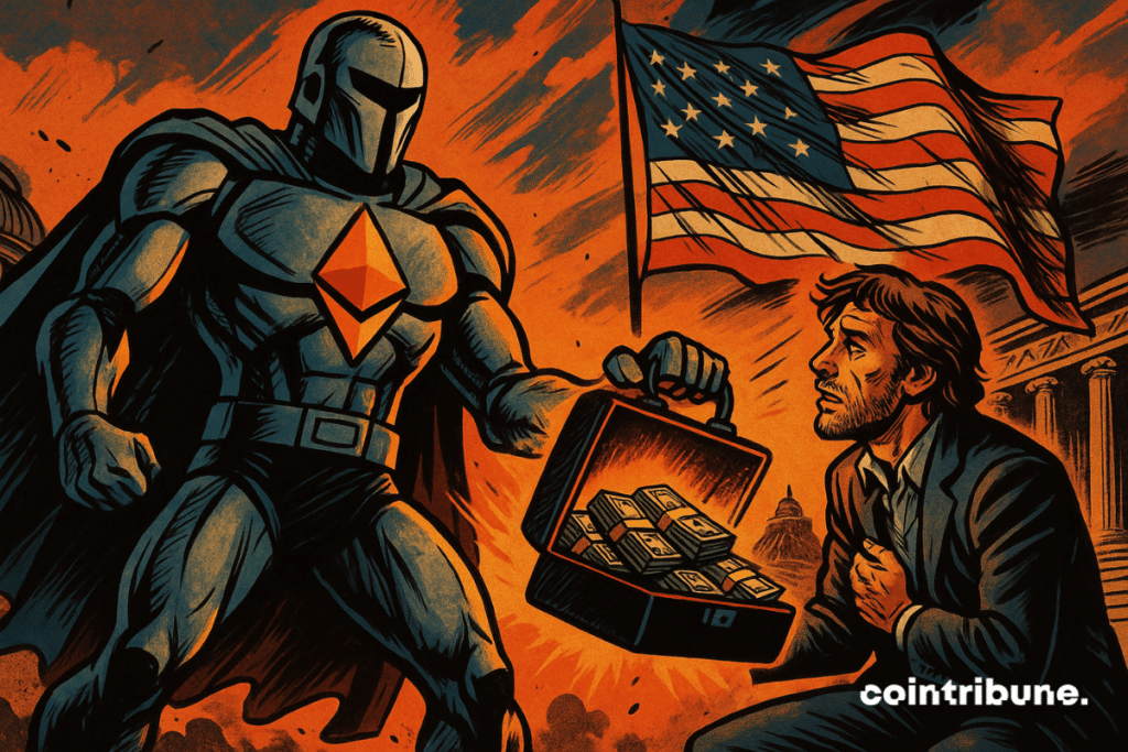 Un super-héros Ethereum tend une mallette de billets à Roman Storm, devant un drapeau américain, dans une scène dramatique.