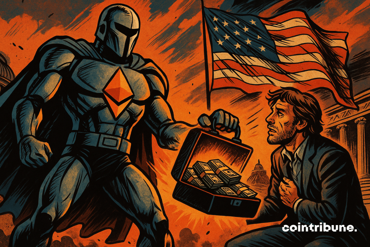 An Ethereum superhero hands a briefcase of cash to Roman Storm in front of an American flag in a dramatic scene.