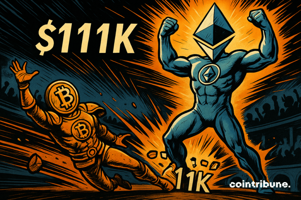 Un Ethereum triunfante sube mientras un Bitcoin en pánico cae, rodeado de siluetas de operadores, un ambiente dramático y dinámico.